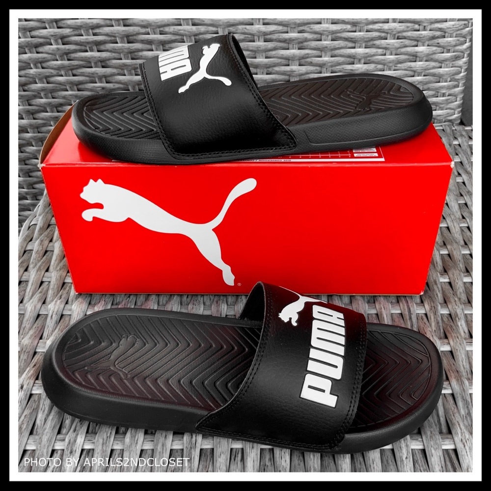 PUMA BLACK SLIDES SANDALS SLIP ONS WHITE CAT A3C - Picture 7 of 8